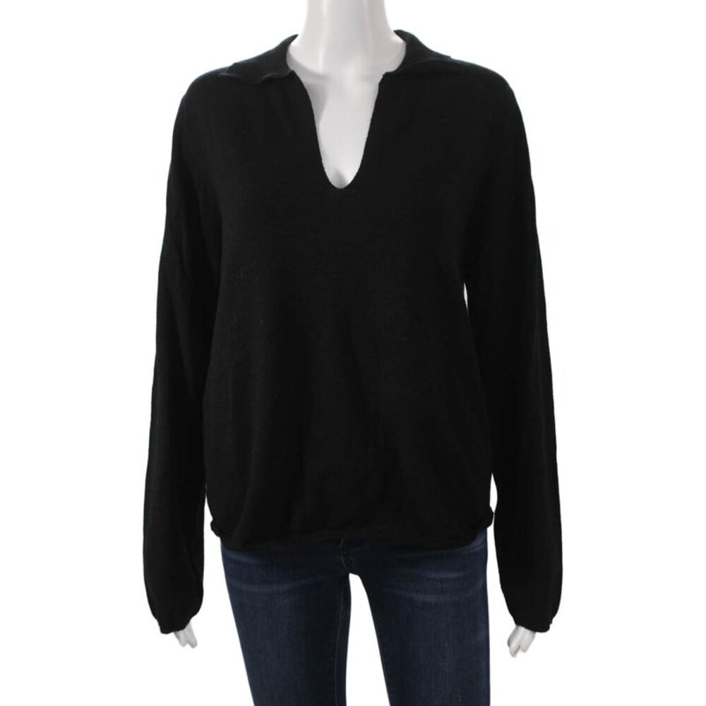 Max Studio Women Collared Black Pullover Long Sleeve Solid Size L